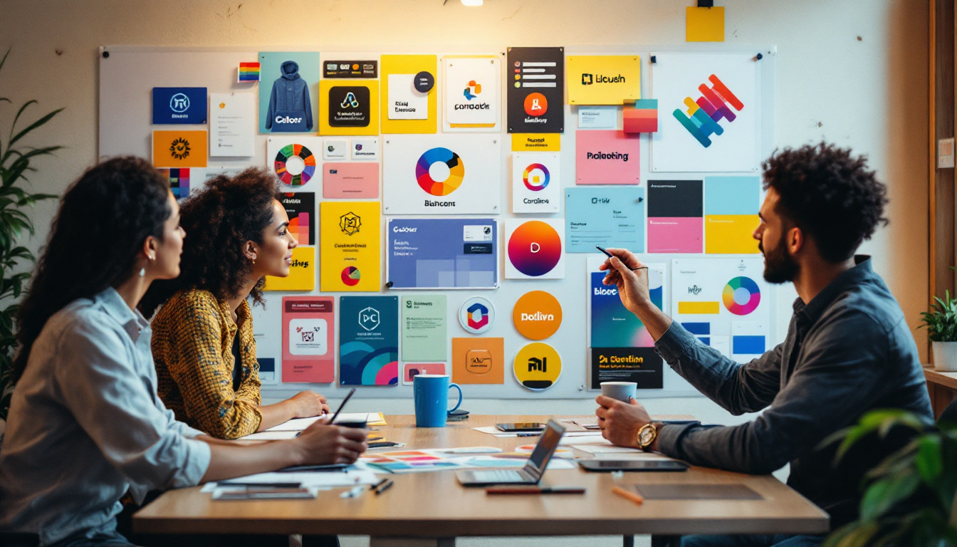 Three people sitting around a table discussing branding design with a mood board in the background