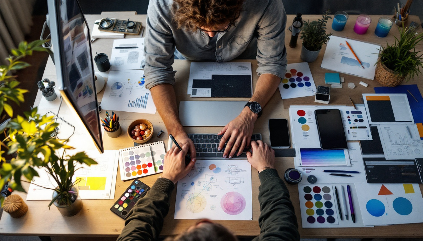 Two people sitting at a desk surrounded by design paperowrk and collaborating on website design