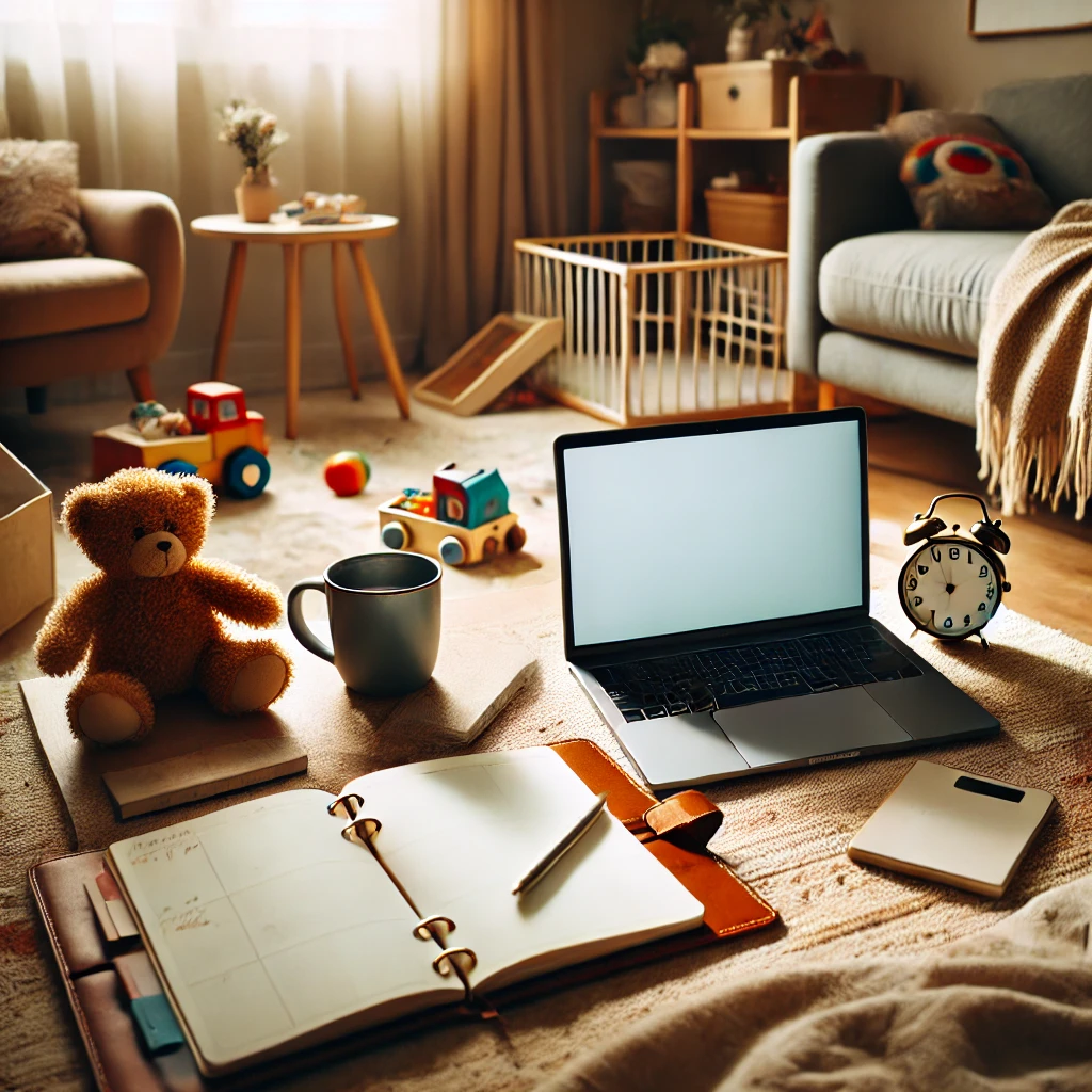 Messy toy-filled living room with computer and notebook on the floor